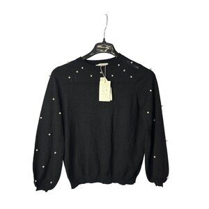 Greige Womens Sweater Size M Sheer Faux Pearl Accents Black New